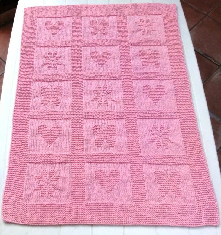 Пледы спицами схемы фото Knitting Pattern for Sweet Baby Blanket - Easy blanket made of butterfly, heart,