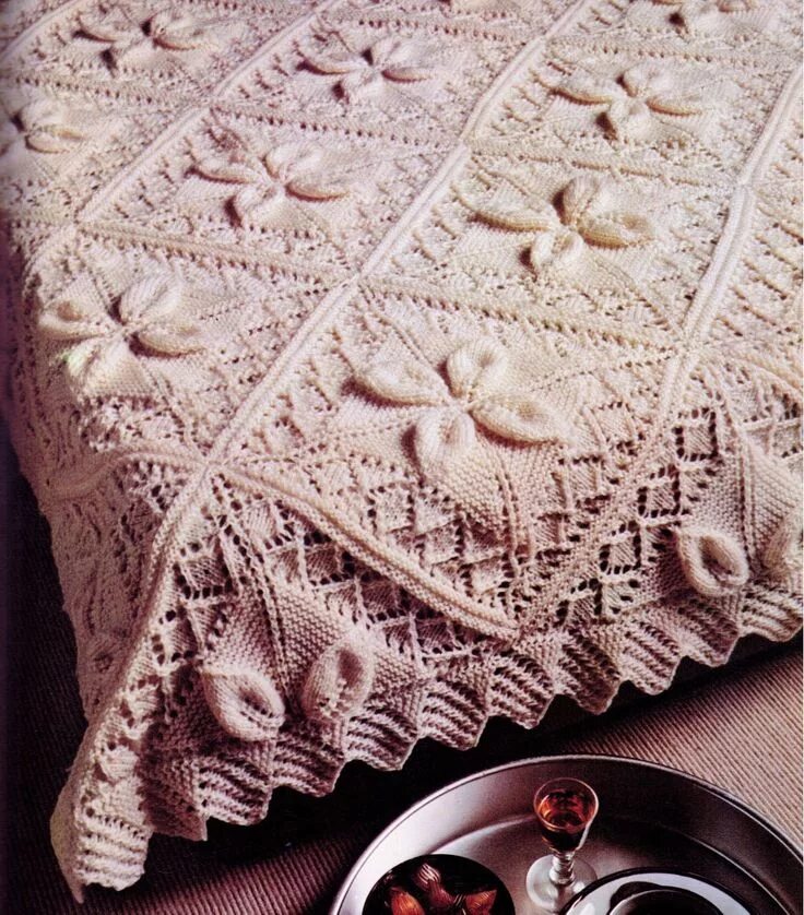 Пледы спицами схемы фото Vintage 3D FLOWER Pattern Cable Bedspread Blanket Knitted Retro Lifestyle Size 1