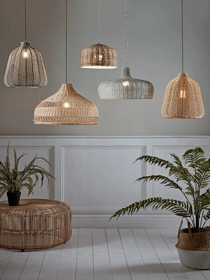 Плетеная люстра в интерьере Rattan Pendant - Grey Iluminación de sala de estar, Ideas de decoración de comed