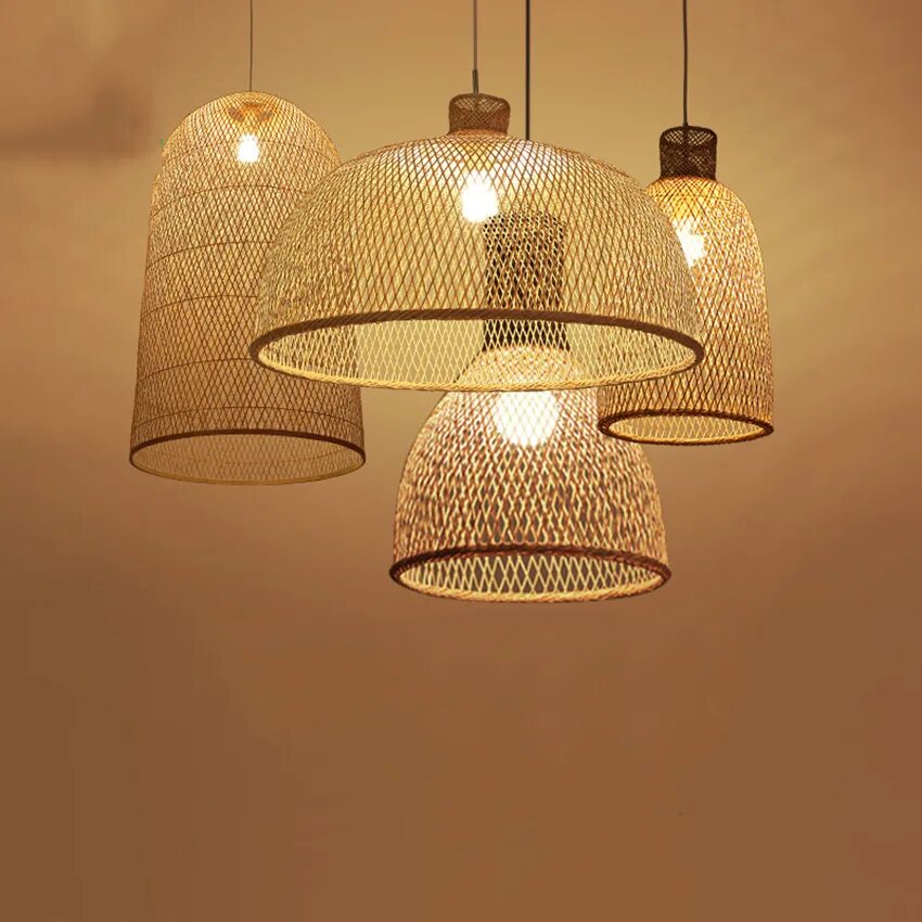 Плетеная люстра в интерьере Japanese Bamboo Art Pendant Lights LED Wood Wicker Pendant Lamps Dining Room Hom