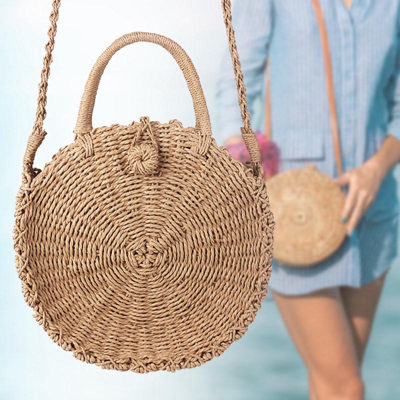 Плетение сумочек Vintage Handmade Rattan Fabric Round Bag Straw Rope Mesh Messenger Bag Summer Be