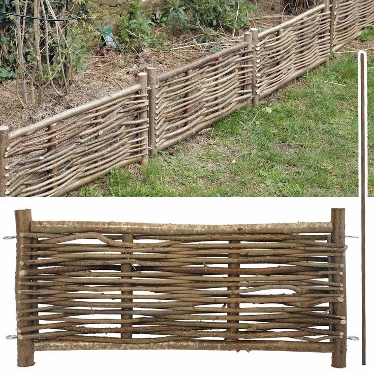 Плетеный забор из веток фото Bordure de jardin en bois noisetier avec tige Garden fencing, Garden fence, Gard
