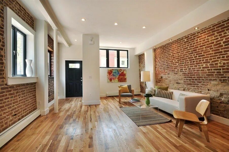 Плинтус в стиле лофт Кирпич в интерьере гостиной комнаты Brick wall living room, Brick interior wall,