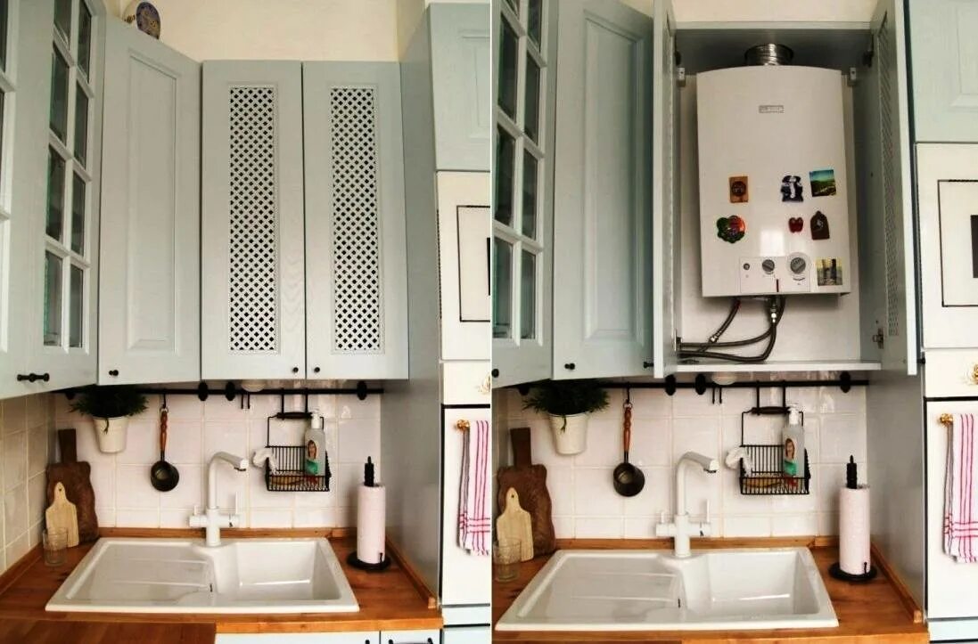Плита и колонка в кухне фото Кухни с газовым котлом: с газовой колонкой, с котлом отопления, дизайн, фото