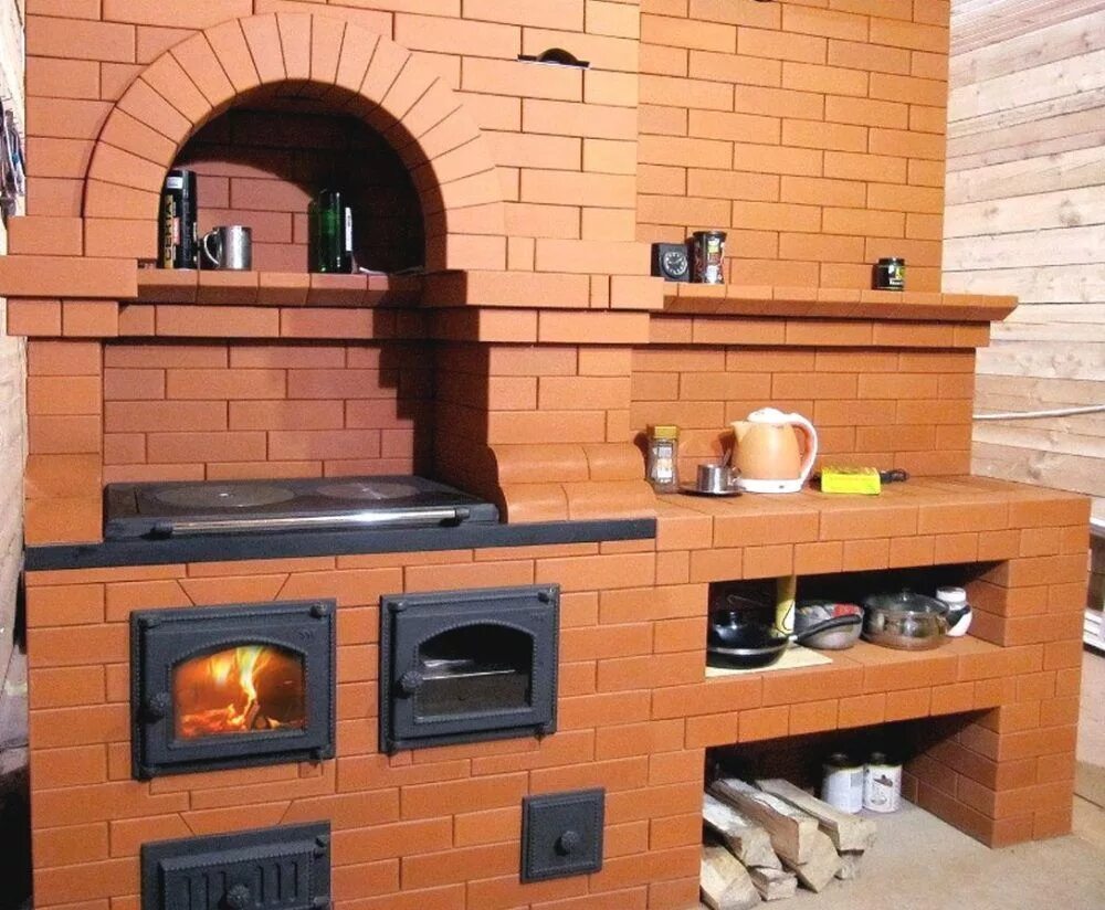 Плита из кирпича фото Печи для кухни из кирпича (36 фото), дровяная русская печка в интерьере кухонног