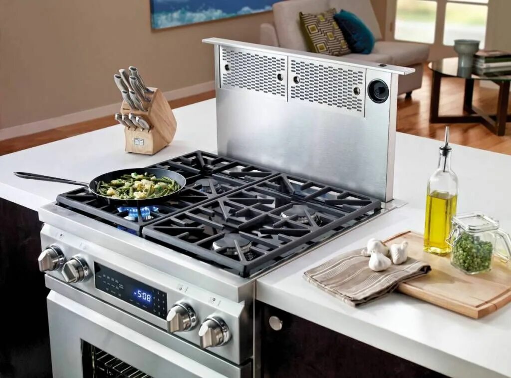 Плита в интерьере кухни фото Pop Up Downdraft Range Hoods Kitchen island with stove, Island with stove, Best 