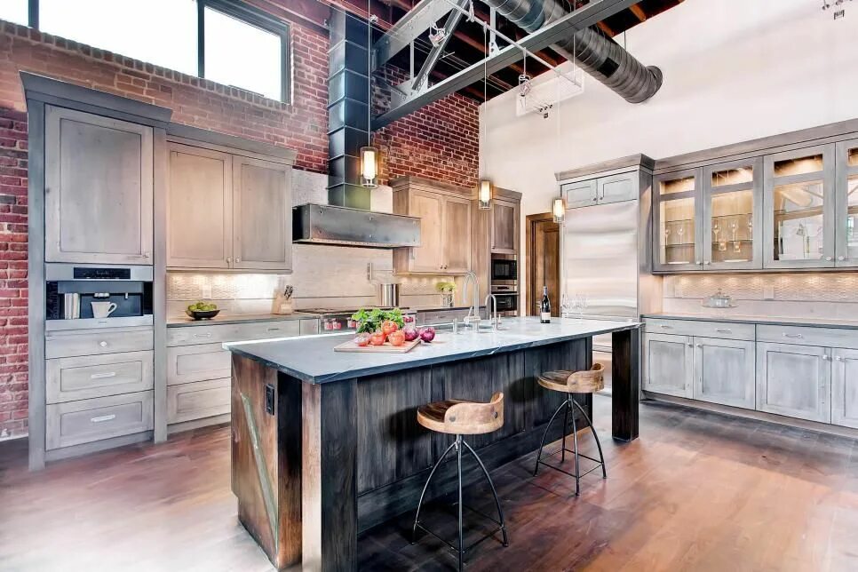 Плита в стиле лофт Neutral Reclaimed Wood Softens Rustic Industrial Loft Kitchen Industrial decor k