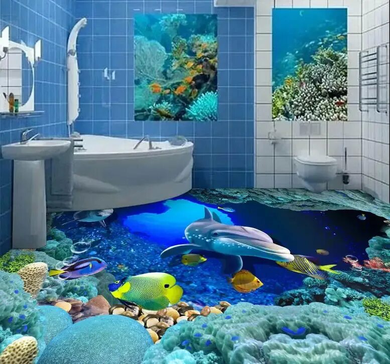 Плитка 3д фото цена Бесплатная доставка 3D Пользовательские настенные стикеры морская пещера дельфин