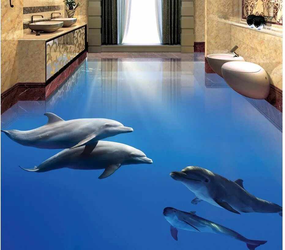 Плитка 3д фото цена Beibehang большие фрески полы морские дельфины 3D обои пол водонепроницаемый про