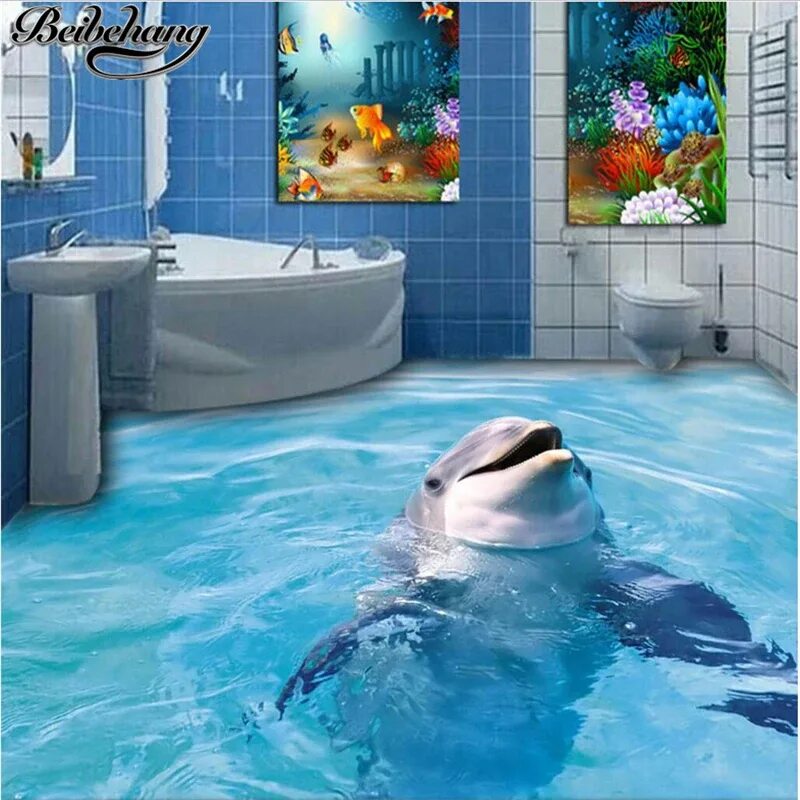 Плитка 3д фото цена Beibehang пользовательский большой 3D декор для пола картина 3D Дельфин Ванная к