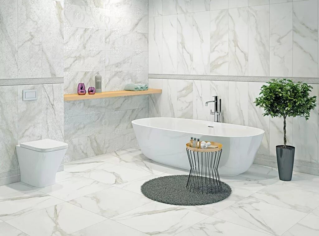 Плитка белый мрамор в ванной фото Shellstone White Pol 119.8x274.8 Tubadzin - Керамогранит Тубадзин Шеллстоун Вайт
