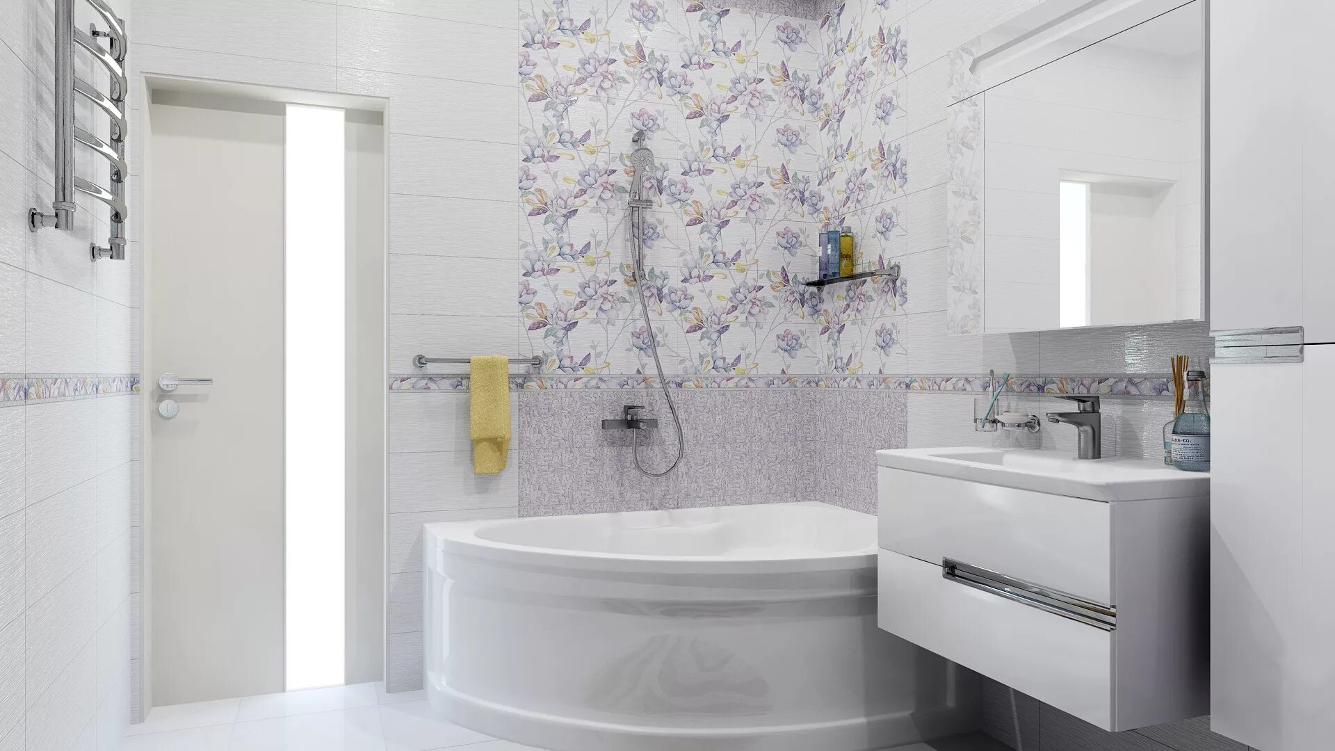 Плитка бильбао в интерьере ванной Byuti фиолетовый 20x60 Alma Ceramica - Декор Альма Керамика Бьюти фиолетовый ВС1