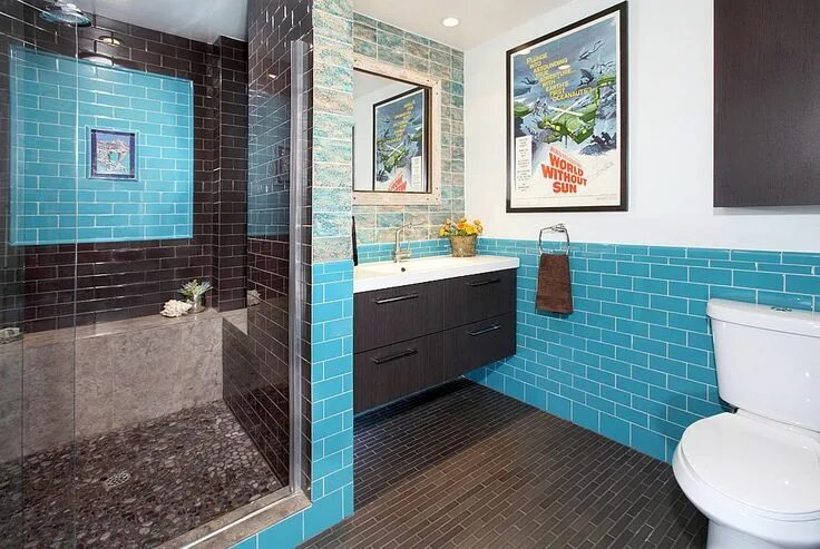 Плитка бирюза и затирка коричневая сочетание фото Modern bathroom in teal blue inspired by the Caribbean Sea - Decoist Eclectic ba