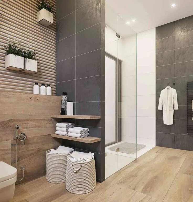 Плитка дерево интерьере ванной Salle de bain gris et bois : une déco raffinée et toujours tendance ! Modern bat