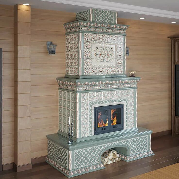 Плитка для камина и печей фото Облицовка Ceramica Птицы с дровником купить в Москве