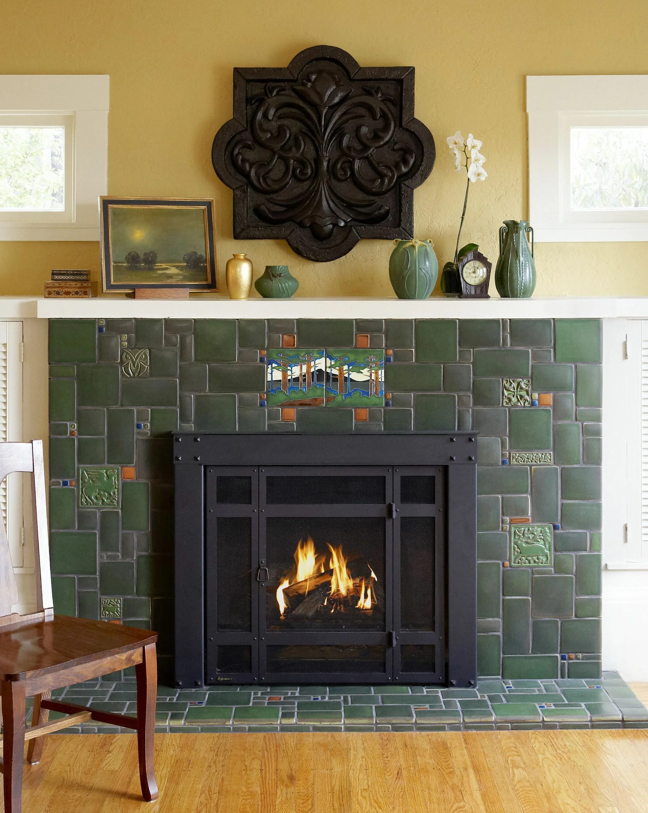 Плитка для камина и печей фото Pine Collage Fireplace Fireplace tile, Home fireplace, Craftsman fireplace