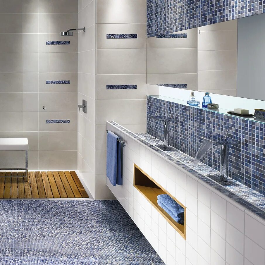 Плитка для ванной на стены фото Керамическая мозаика Agrob Buchtal Kauri 12x12x6,5 мм, цвет grey-blue-mix glossy