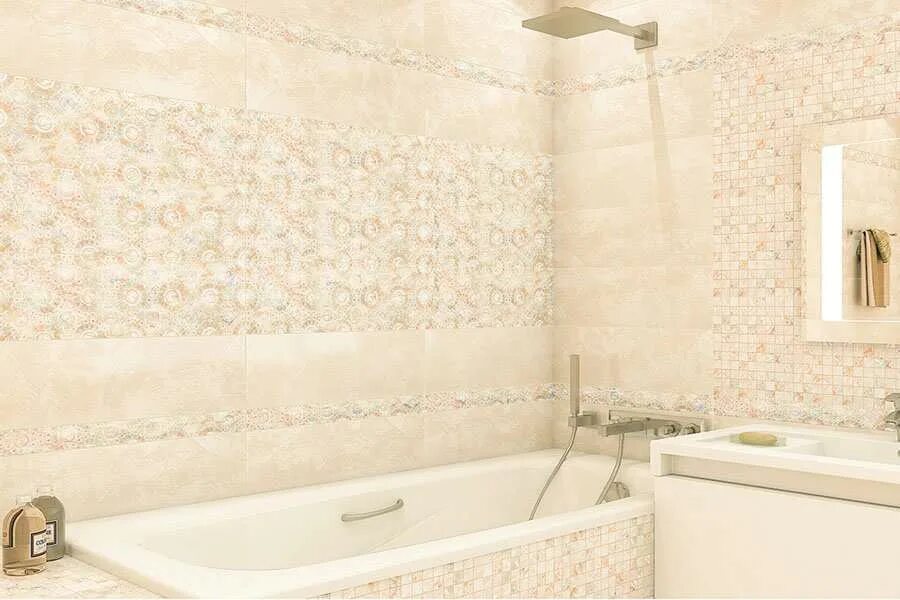 Плитка элиз бежевый в интерьере Вставка декоративная Fresco DW11FRS01 600*200*9 купить в ТСК "Фристайл"