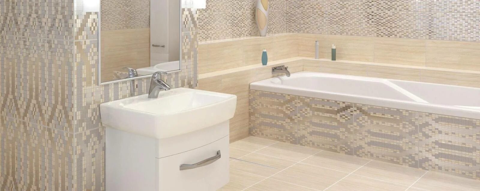 Плитка элиз бежевый в интерьере ванной фото Декор Beryoza Ceramica Элиз № 1 Мозаика 20x50 - купить за 344 руб. в Москве в ин