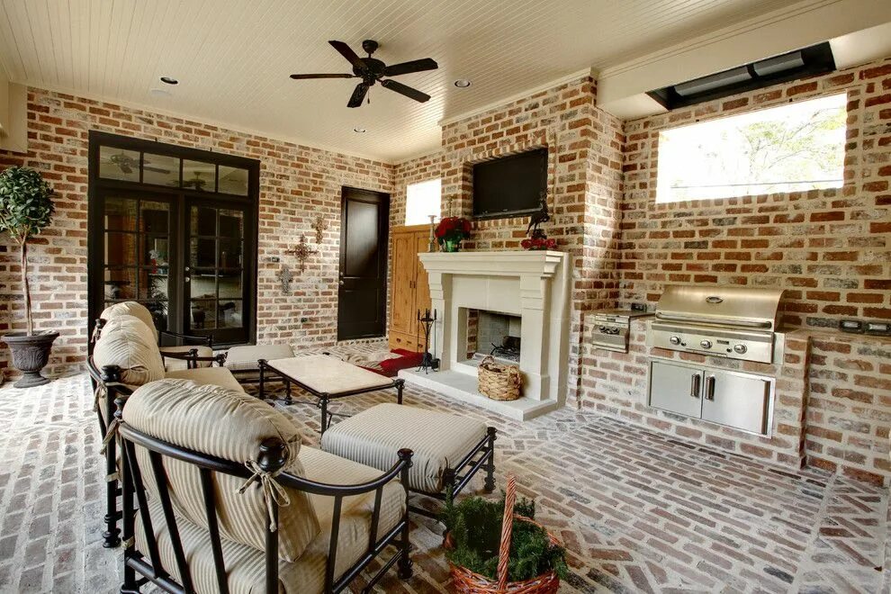 Плитка кирпич в интерьере фото Example of brick fireplace and floor Contemporary patio, White brick fireplace, 