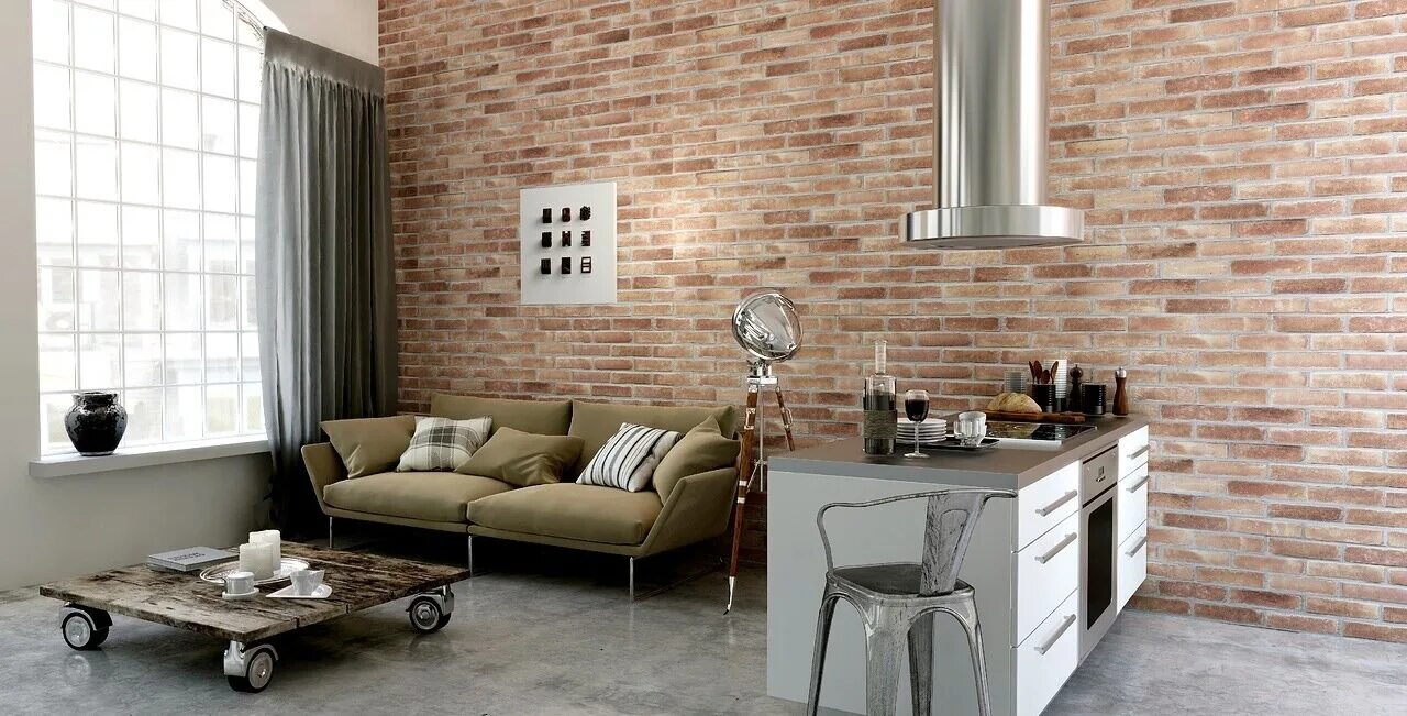 Плитка кирпич в интерьере фото Tiziano Crema 7x28 Керамогранит Bestile, Испания - купить в интернет-магазине