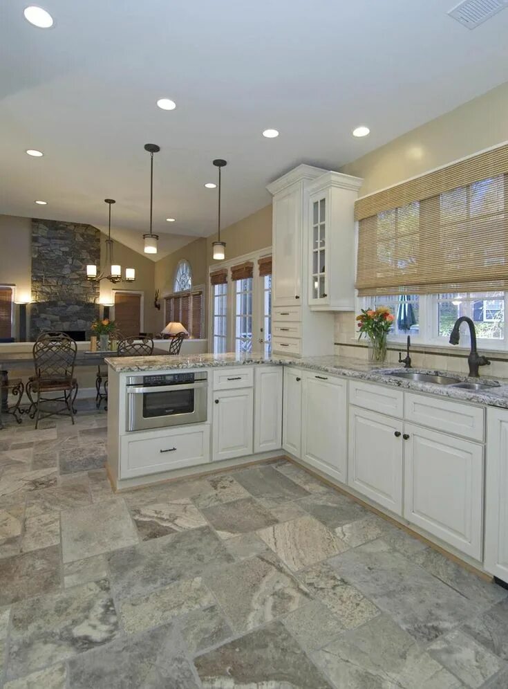 Плитка кухня гостиная фото White Kitchen with Travertine Floor Tile-mediterranean kitchensign travertine ti