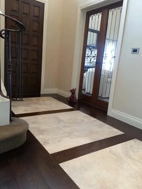 Плитка ламинат в прихожей фото Front entry with hardwood floor and tile Wood floor design, Foyer flooring, Wood