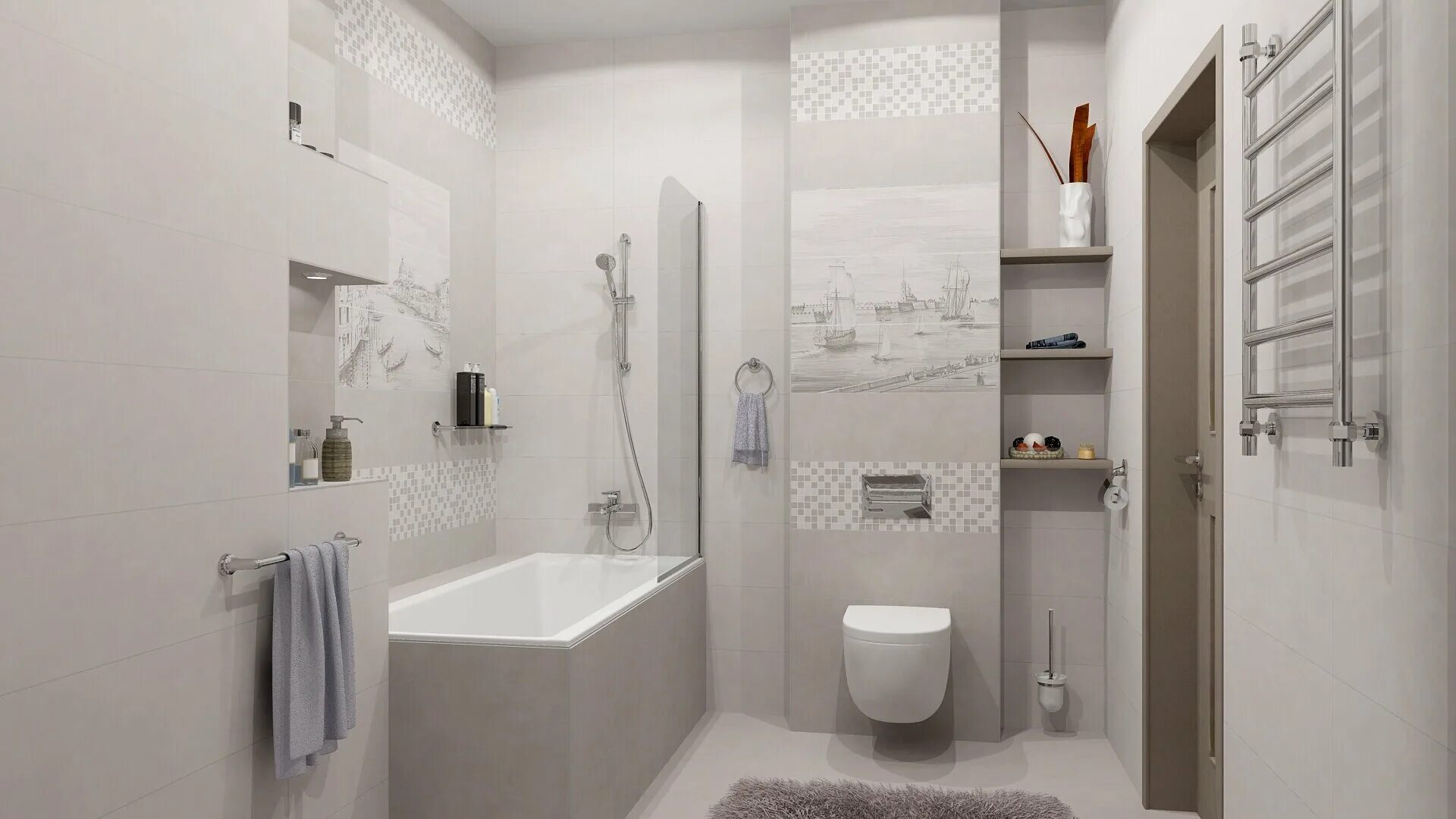 Плитка марацци в интерьере ванной комнаты Плитка настенная KERAMA MARAZZI Город на воде (250х750) светло-серая 12106R (кв.