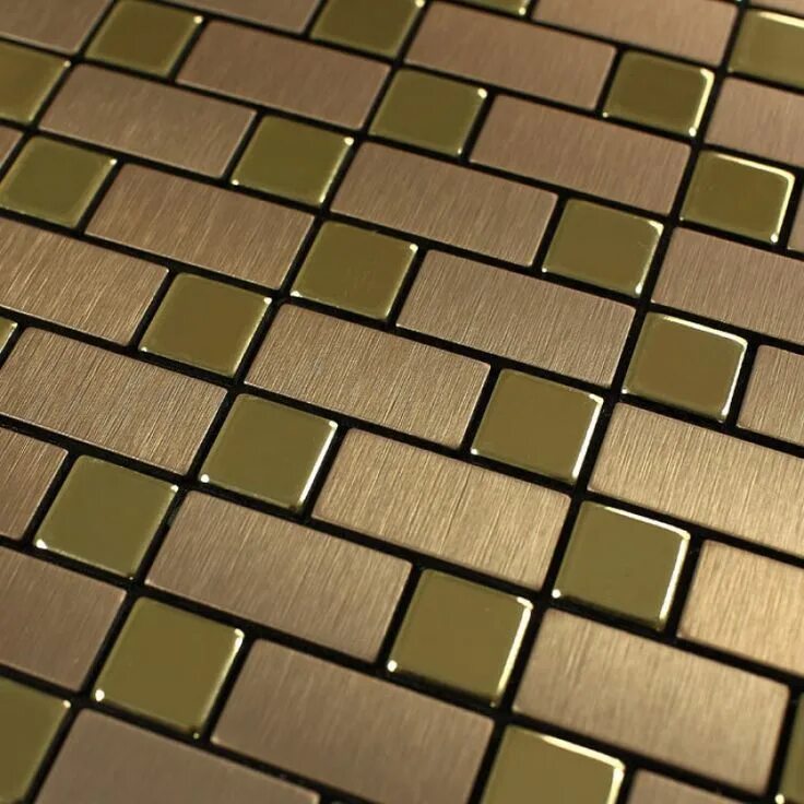 Плитка металла фото Metallic Mosaic Tile Backsplash Strip Brushed Gold Aluminum Square Dark Brown St