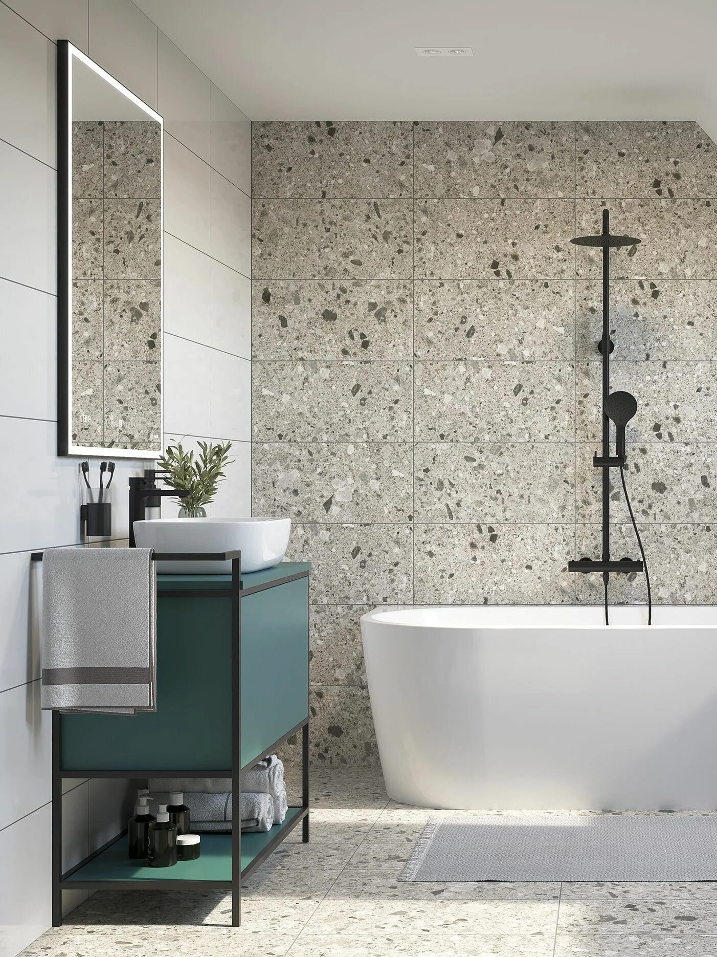 Плитка модные тенденции Терраццо и цветная тумба Baths interior, House design, House interior