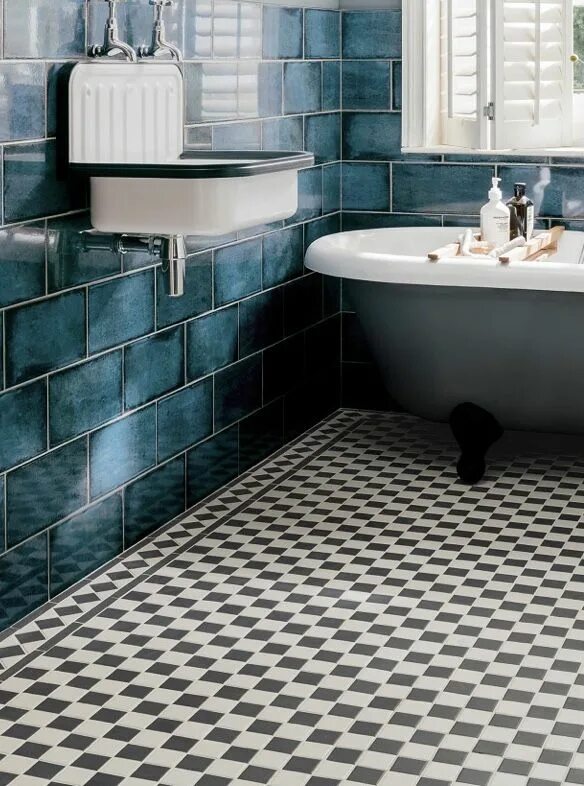 Плитка на пол ванны фото Teal Wall Tile and Victorian Black and White Tile Floor- Bathroom Black and whit