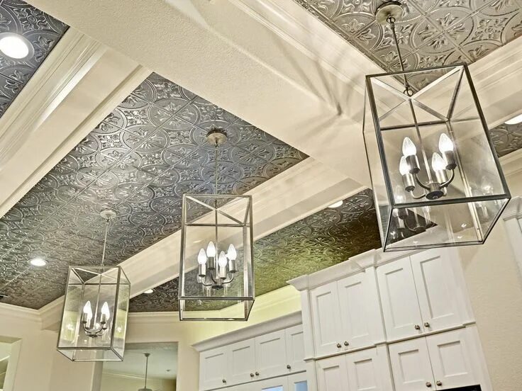 Плитка на потолок на кухню фото Lantern Pendants Light Hanging From Tin-Tiled Ceiling Ceiling design, Metal ceil