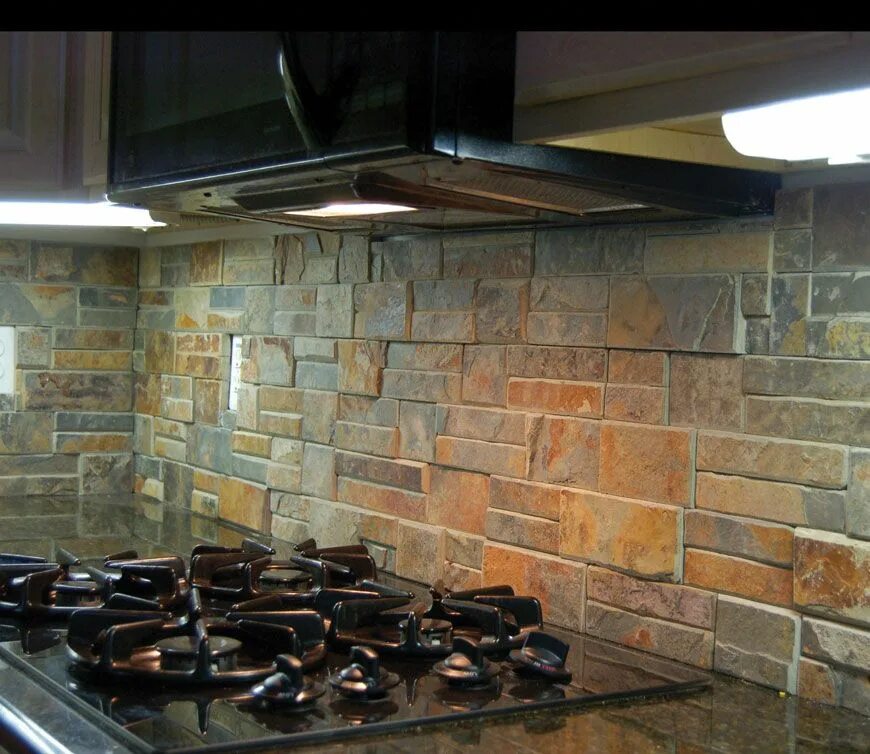 Плитка на рабочую стенку кухни фото Rustic kitchen back splash using "Terracotta" stack/ledge stone Stone backsplash