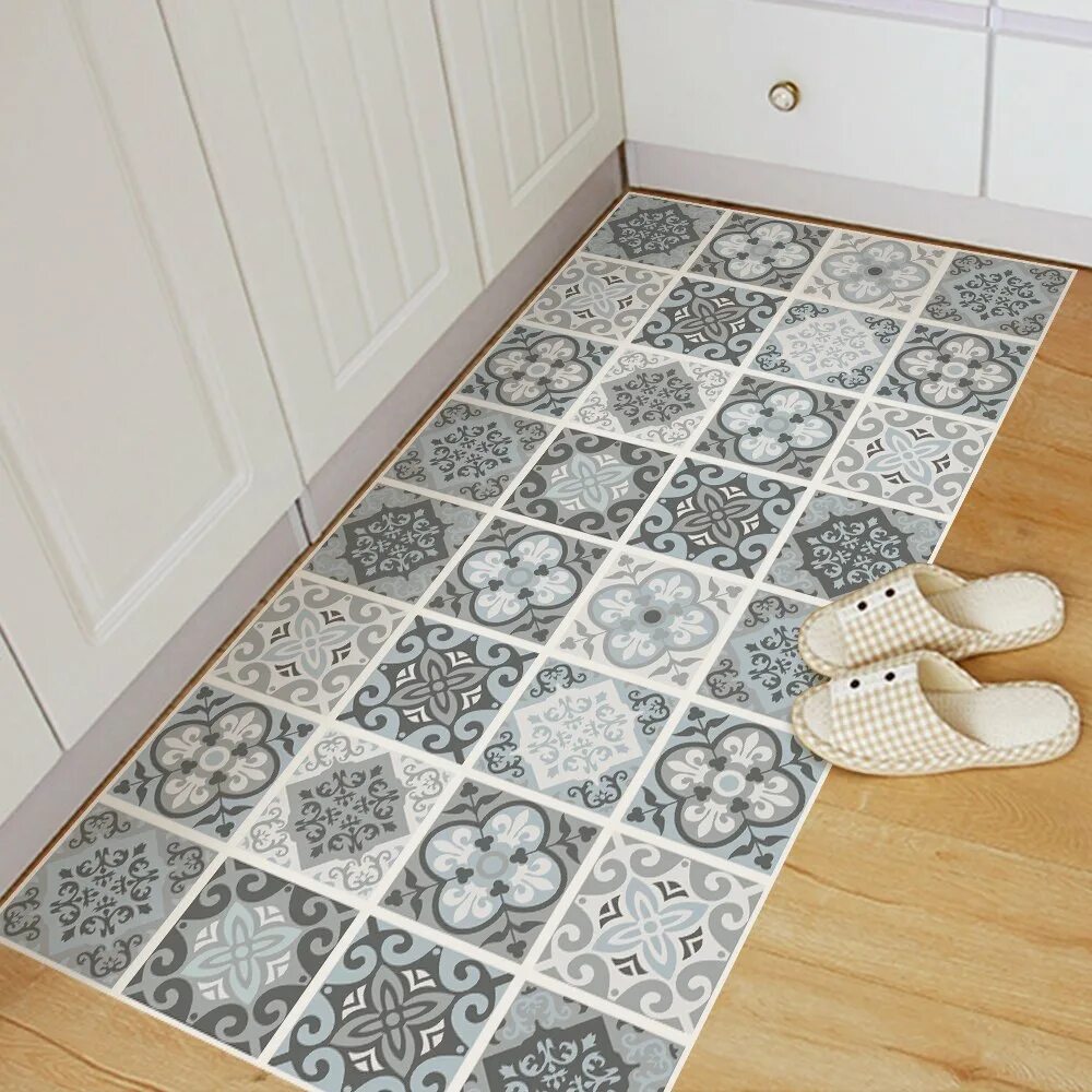 Плитка напольная для кухни нескользкая фото Blanco y Negro Impermeable Adhesivo de Vinilo para Suelos de Pared 50x50cmx4pcs 
