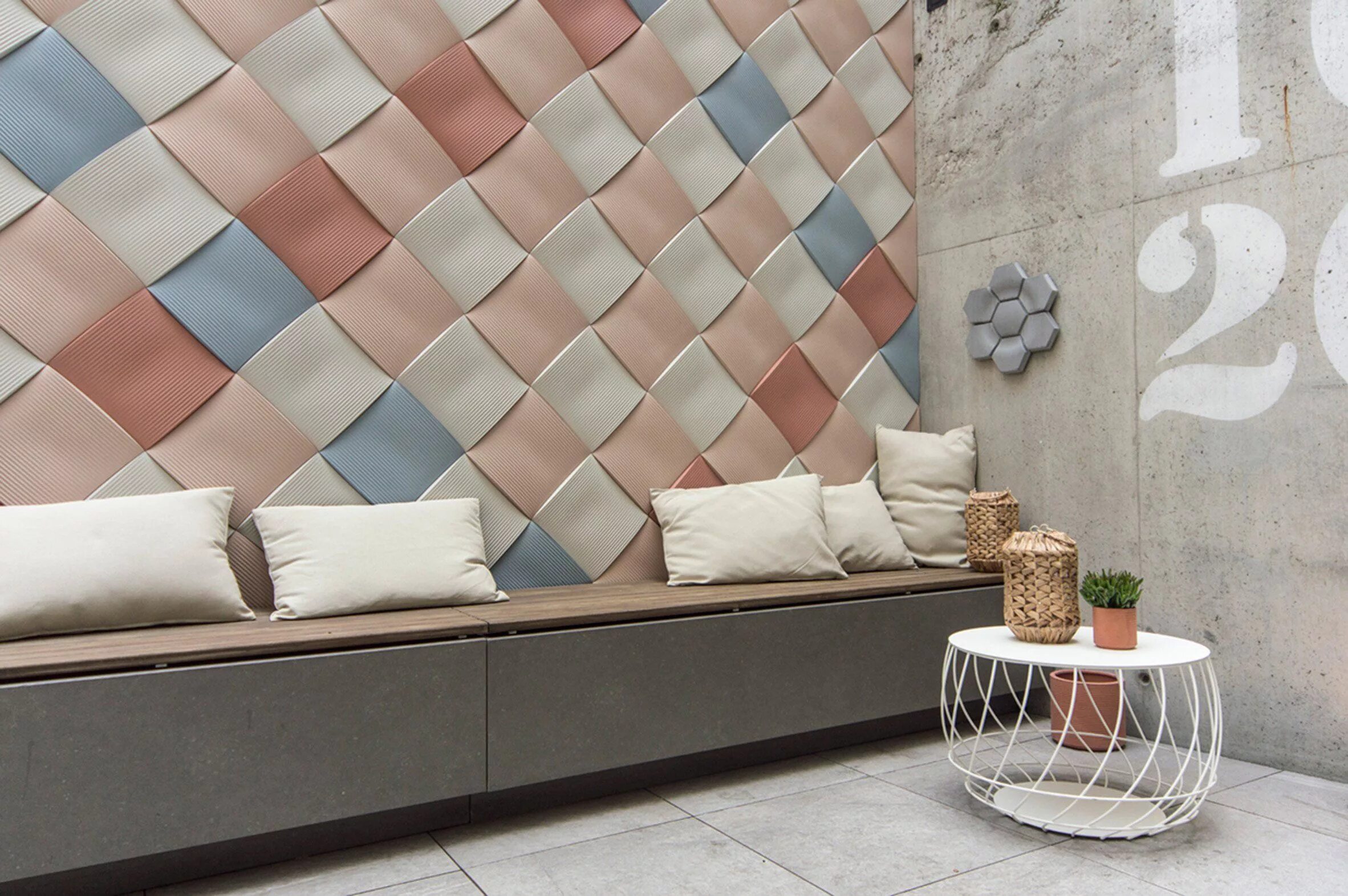 Плитка обои в интерьере Note Design creates bulging weave-effect tiles for Kaza Concrete Note design stu