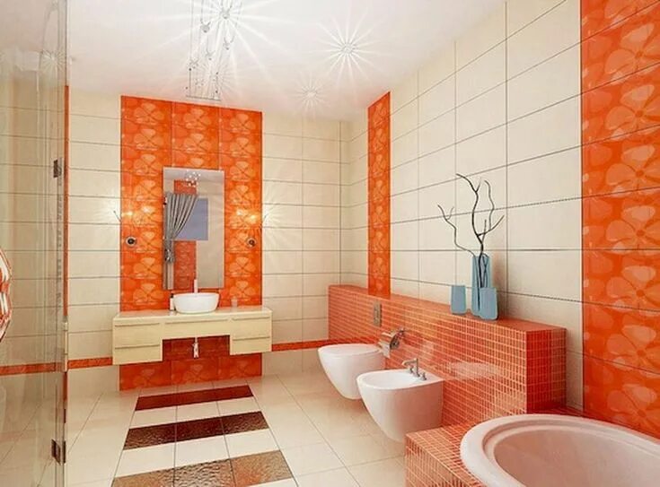 Плитка отделка комнат дизайн Interior Design Patterned bathroom tiles, Orange bathrooms designs, Modern bathr