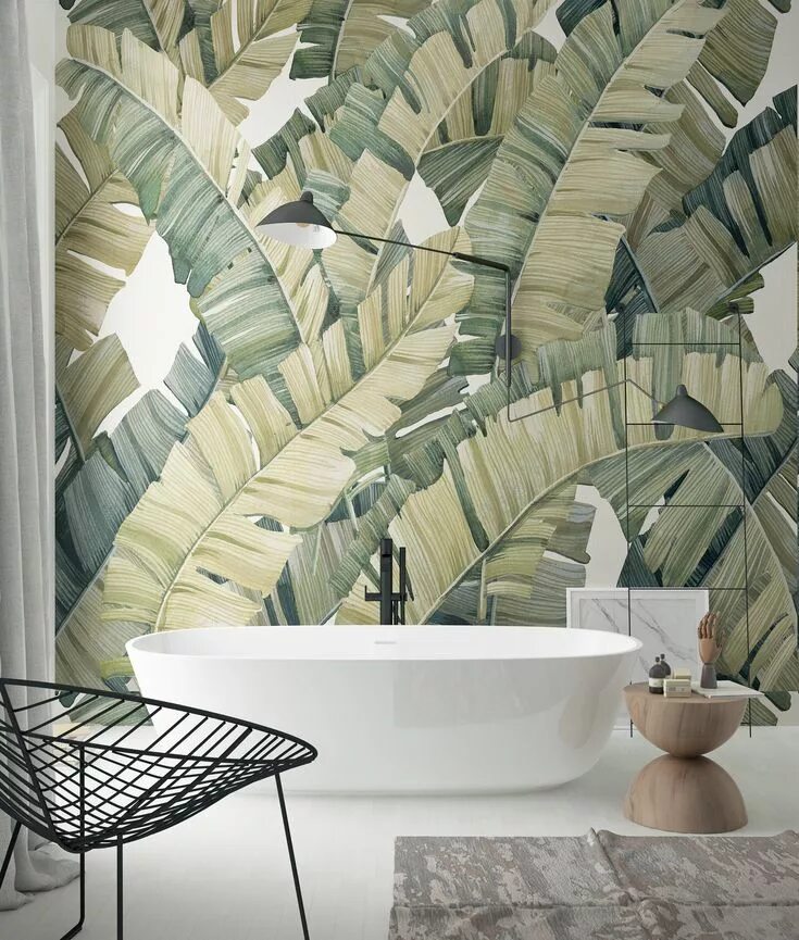 Плитка пальма фото Пальмовые листья / wallpaper bathroom design-shop Бетонные дома, Обои для ванной