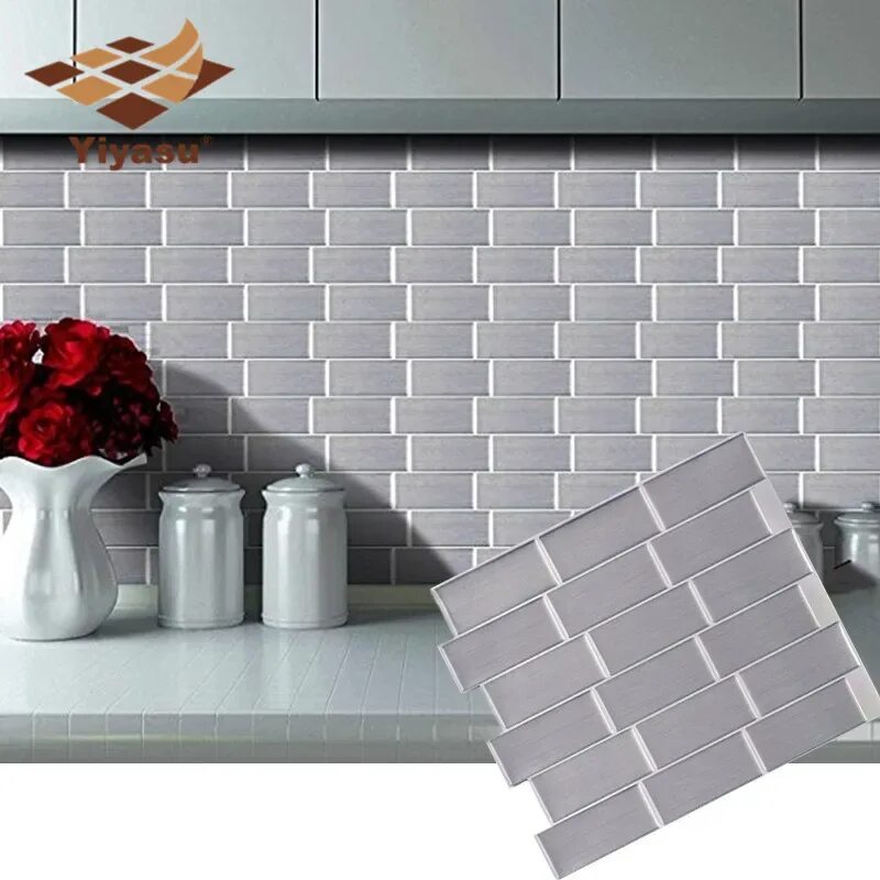 Плитка пластика фото Silver Subway Tile Self Adhesive Peel And Stick Backsplash Brick Wall Sticker Vi