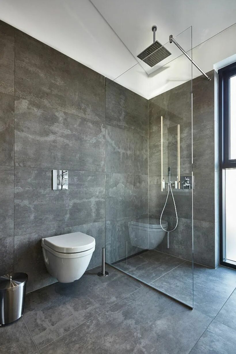 Плитка под бетон в ванной фото Nice and minimalist bathroom with the glass wall with a concrete 23 Modern showe