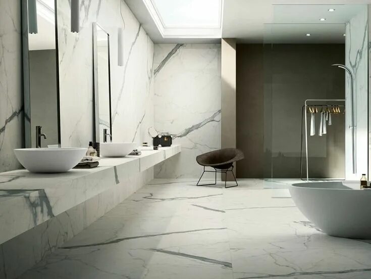 Плитка под мрамор в интерьере ванной Pavimento/rivestimento in gres porcellanato effetto marmo CALACATTA STATUARIO - 