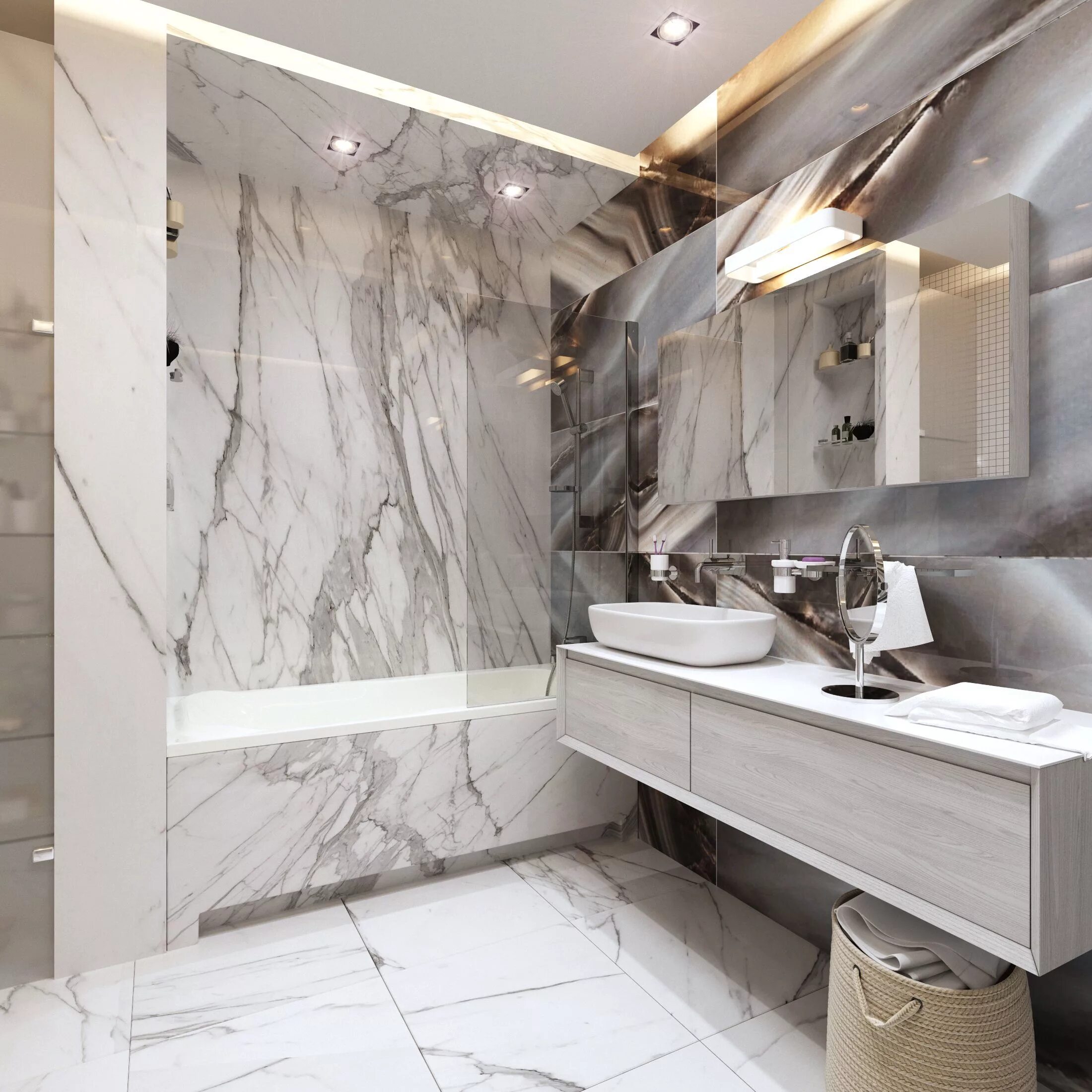 Плитка под мрамор в интерьере ванной Modern Bathroom with Stone and Marble