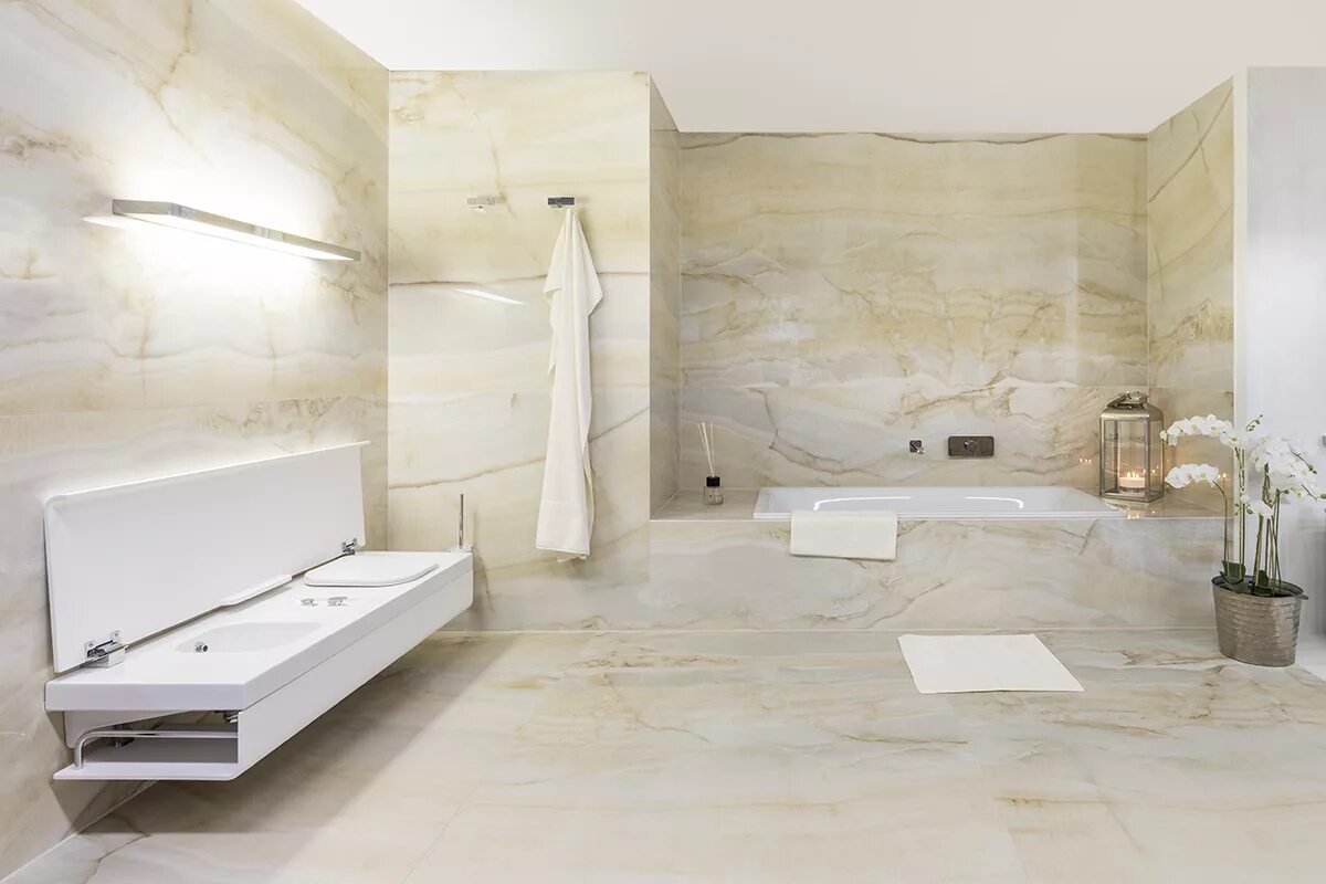 Плитка под оникс для ванной в интерьере Alaska Light Polished 60x120 A-Ceramica - Керамогранит А-Керамика Аляска Лайт По
