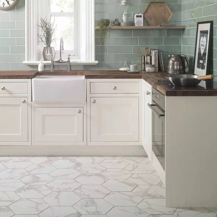 Плитка под светлую кухню фото Voronoi White Marble Effect Hexagon Tiles Walls and Floors Hexagon tile kitchen 