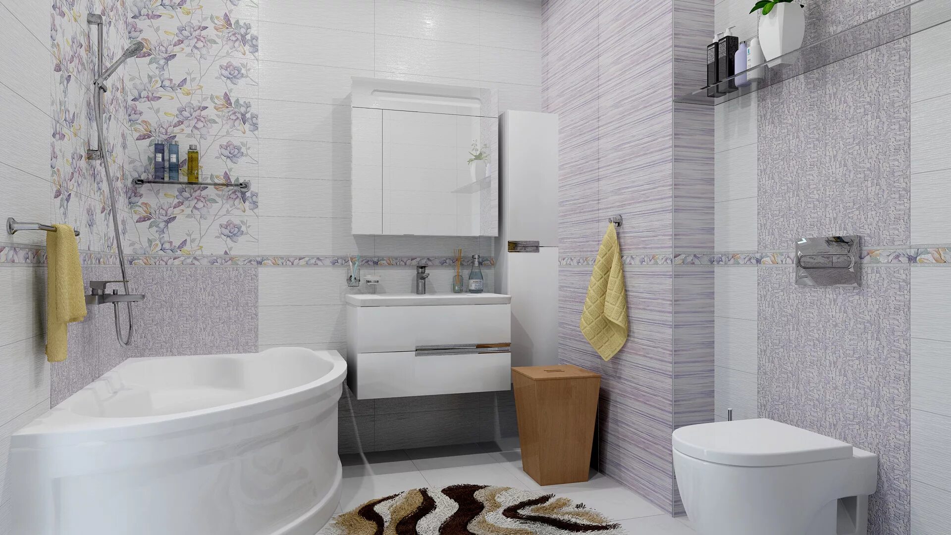 Плитка сан ремо в интерьере ванной Byuti фиолетовый 20x60 Alma Ceramica - Декор Альма Керамика Бьюти фиолетовый ВС1
