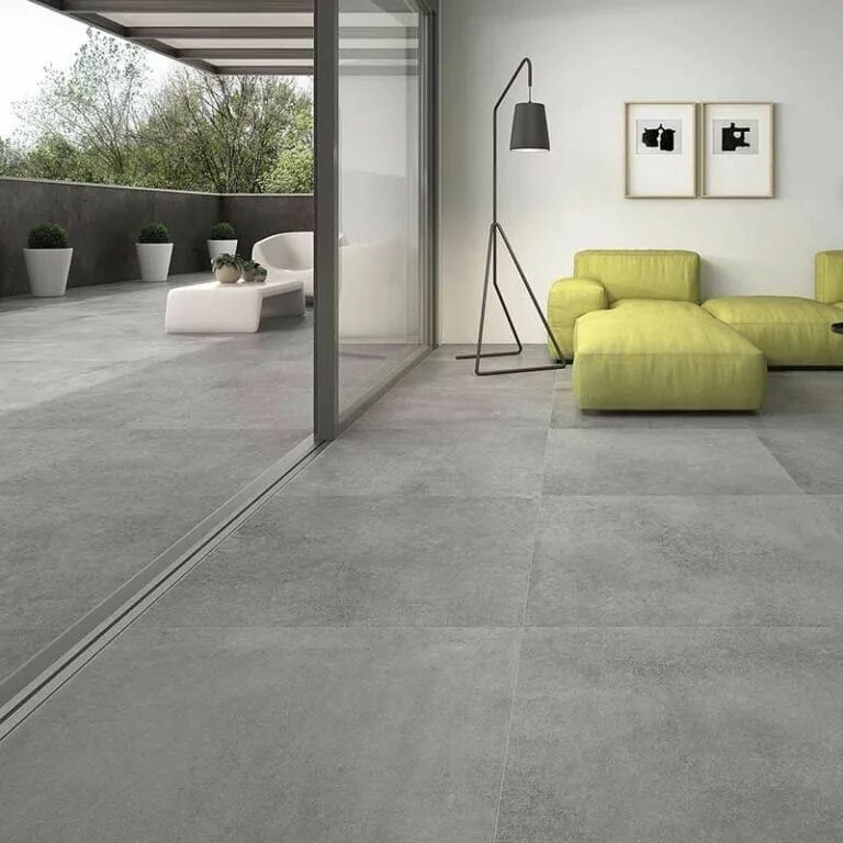 Плитка серого цвета в интерьере Outside-Inside Porcelain Tiles Tile floor living room, Grey flooring, Living roo