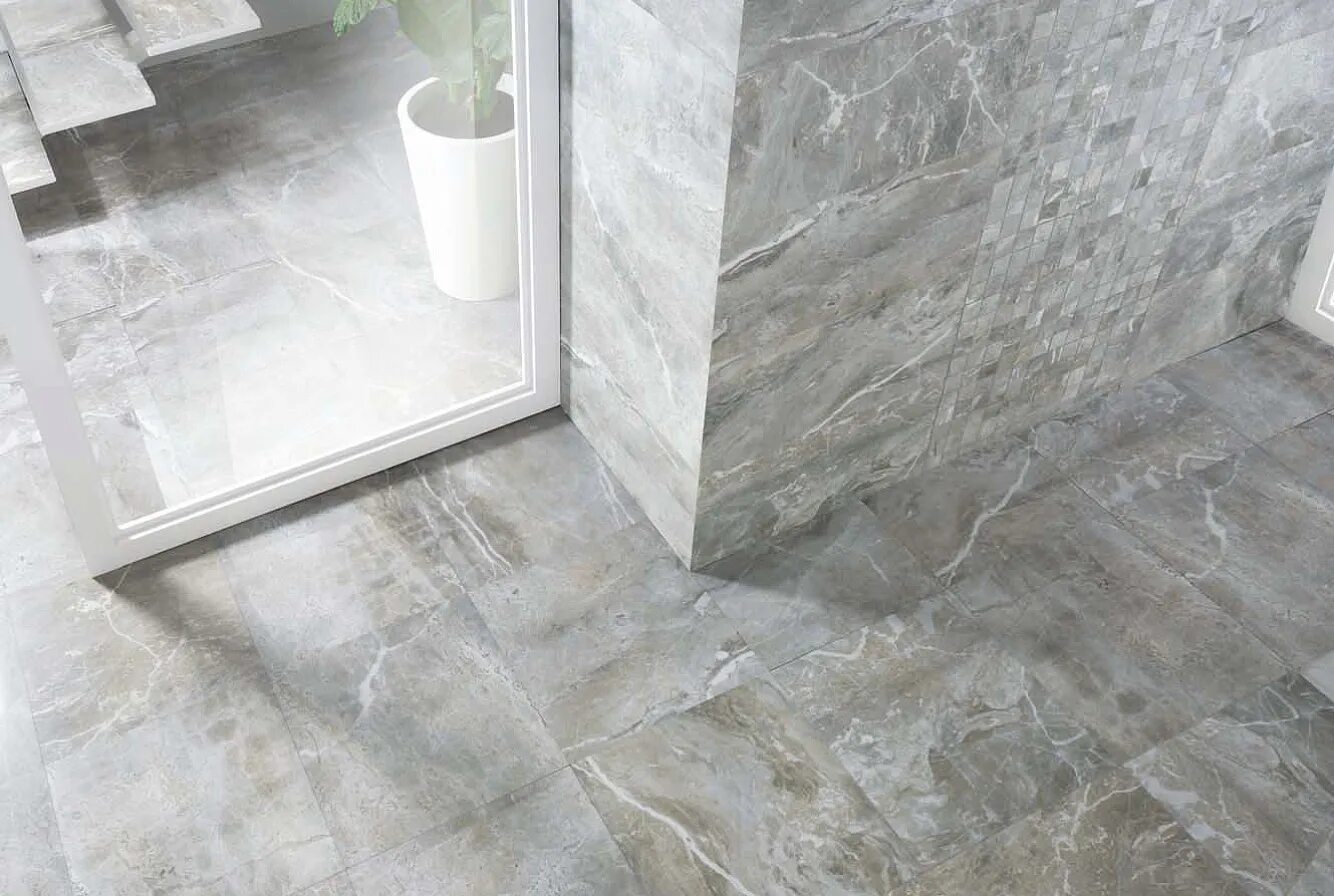 Плитка серый мрамор в интерьере Scion Grey 60x60 Bluezone - Керамогранит Блюзон Скион Грэй серый купить в Москве