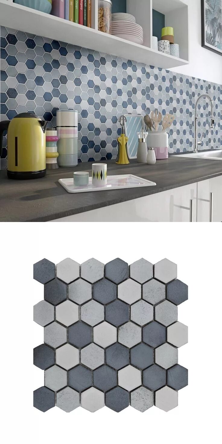 Плитка сотами на кухню фартук фото A mix of glass and glazed basalt, these Tephra Glaucous Hexagon Mosaic Tiles are
