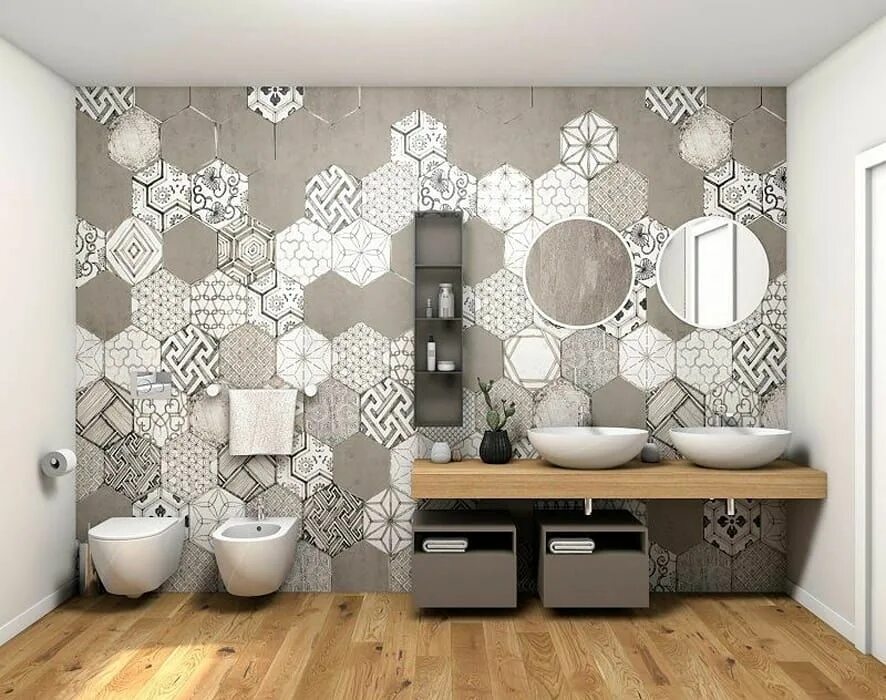 Плитка соты для ванной в интерьере Il lato del bagno con le cementine esagonali homify Progettazione bagno, Arredam
