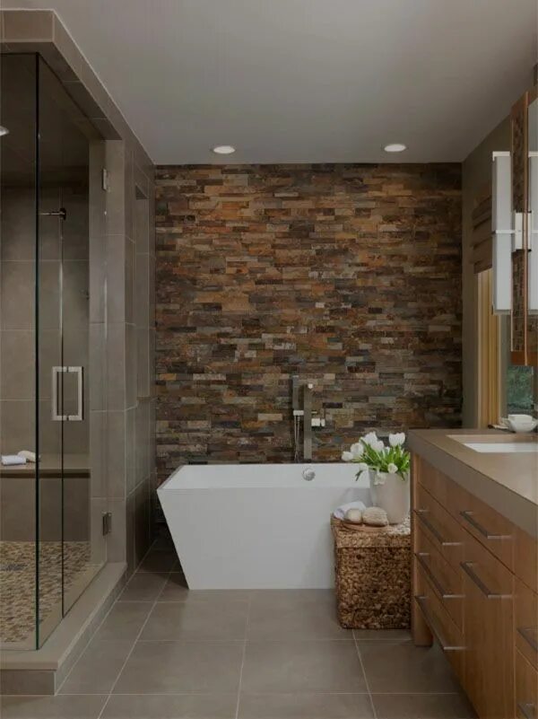 Плитка стена в интерьере ванной фото Transform Your Bathroom with Faux Stone Panels