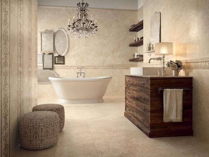 Плитка травертин в интерьере ванной Керамогранит Italon Natural Life Stone Нат Антик 60x60 рет 610010000573 Керамика